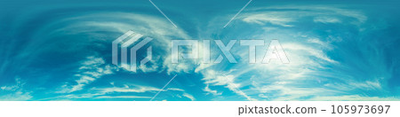 sky panorama with bright glowing Cirrus clouds. HDR 360 seamless spherical panorama. Full zenith or sky dome for 3D visualization, sky replacement for aerial drone panoramas. 105973697