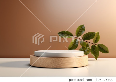 Wooden and Nature podium and beautiful lighting. Background for product presentation. Generative AI 105973790