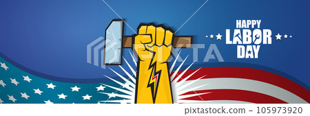 labor day Usa vector label or horizontal background. vector happy labor day poster or horizontal banner with clenched fist isolated on usa flag background . Labor union icon 105973920