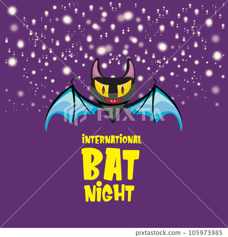 International bat night banner or poster with cartoon bat on violet night sky background. International bat night Vector illustration 105973985