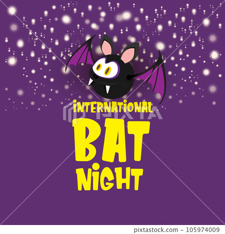 International bat night banner or poster with cartoon bat on violet night sky background. International bat night Vector illustration International bat night banner or poster with cartoon bat on violet night sky background. International bat night Vector illustration 105974009