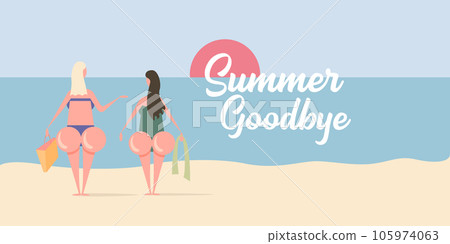 Summer goodbye concept illustration withTwo girlfriend with big booty walking on beach. Vector goodbye summer concept minimalistic illustration with woman , summer beach, ocean, sand and lighthouse. Summer goodbye concept illustration withTwo girlfriend with big booty walking on beach. Vector goodbye summer concept minimalistic illustration with woman , summer beach, ocean, sand and lighthouse. 105974063