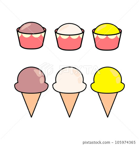 Ice cream in chocolate, vanilla and lemon flavored cones and cups 105974365