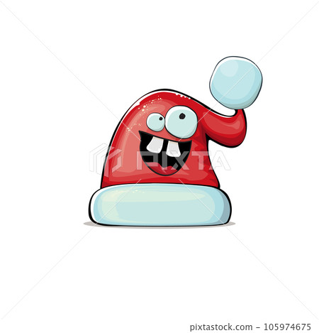 Vector cartoon Santa Claus red hat with smile face isolated on white background. Childrens Merry Christmas greeting card with funny monster Santa hat. Santa red hat character isolated Vector cartoon Santa Claus red hat with smile face isolated on white background. Childrens Merry Christmas greeting card with funny monster Santa hat. Santa red hat character isolated 105974675
