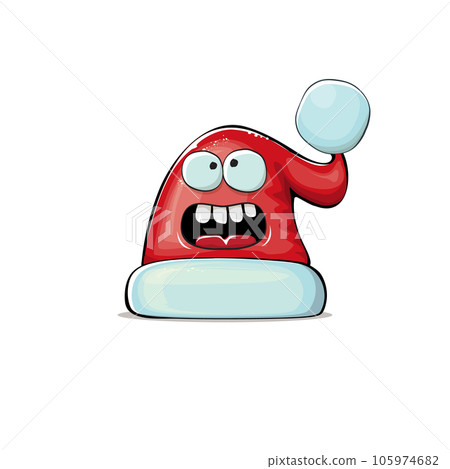 Vector cartoon Santa Claus red hat with smile face isolated on white background. Childrens Merry Christmas greeting card with funny monster Santa hat. Santa red hat character isolated Vector cartoon Santa Claus red hat with smile face isolated on white background. Childrens Merry Christmas greeting card with funny monster Santa hat. Santa red hat character isolated 105974682