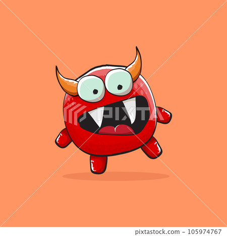 Vector cartoon funny red monster with horn isolated on orange background. Smiling silly blue funky monster print sticker design template. Pink Ghost, troll, gremlin, goblin, devil and monster 105974767