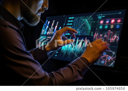 Man studiyng a tablet photo realistic illustration - Generative AI. 105974850