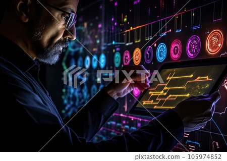 Man studiyng a tablet photo realistic illustration - Generative AI. 105974852