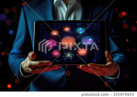 Businessman holding a tablet photo realistic illustration - Generative AI. 105974929