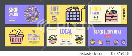 Online Shop and Delivery Horizontal Placard Poster Banner Card Template Set. Vector Online Shop and Delivery Horizontal Placard Poster Banner Card Template Set. Vector 105975016