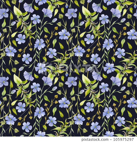 Hand drawn watercolor flax linen blue flowers, nettle green stalk leaves Natural plant. Botanical illustration isolated seamless pattern on dark background. Shop logo print, website, card, booklet. 105975297
