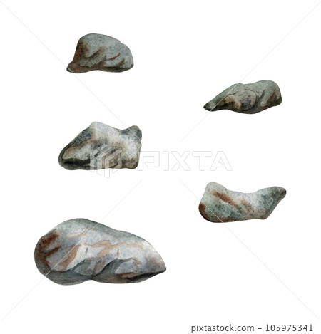 Hand drawn watercolor aquarium rocks, stones and pebbles for bed. Marine exotic underwater illustration. Isolated object on white background. Design for shops, brochure, print, card, wall art, textile Hand drawn watercolor aquarium rocks, stones and pebbles for bed. Marine exotic underwater illustration. Isolated object on white background. Design for shops, brochure, print, card, wall art, textile 105975341