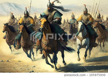 Mongolian army led by Genghis Khan. Ancient cavalry of armed horseback soldiers on horses. Illustration of historic Mongol army in combat created by generative AI 105975930
