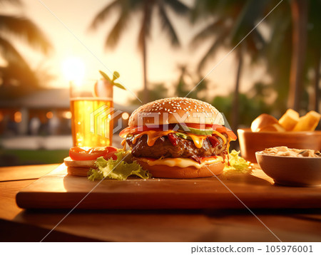 Very delicious and appetizing looking burger with sunset scene 105976001