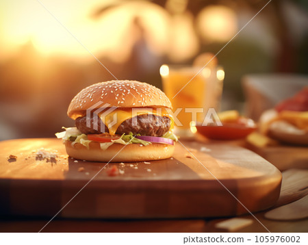 Very delicious and appetizing looking burger with sunset scene Very delicious and appetizing looking burger with sunset scene 105976002