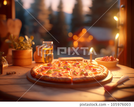 Very delicious and appetizing looking pizza with sunset scene 105976003