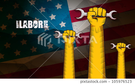 labor day Usa vector label or horizontal background. vector happy labor day poster or horizontal banner with clenched fist isolated on usa flag background . Labor union icon labor day Usa vector label or horizontal background. vector happy labor day poster or horizontal banner with clenched fist isolated on usa flag background . Labor union icon 105976523