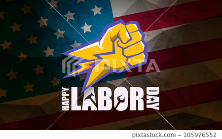 labor day Usa vector label or horizontal background. vector happy labor day poster or horizontal banner with clenched fist isolated on usa flag background . Labor union icon 105976552