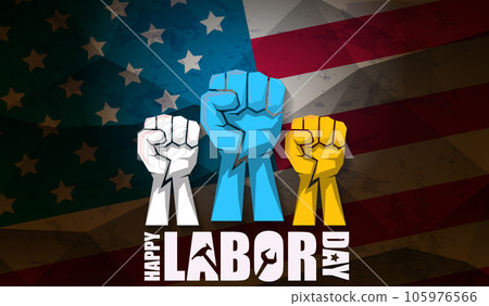 labor day Usa vector label or horizontal background. vector happy labor day poster or horizontal banner with clenched fist isolated on usa flag background . Labor union icon labor day Usa vector label or horizontal background. vector happy labor day poster or horizontal banner with clenched fist isolated on usa flag background . Labor union icon 105976566