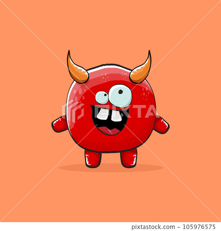 Vector cartoon funny red monster with horn isolated on orange background. Smiling silly blue funky monster print sticker design template. Pink Ghost, troll, gremlin, goblin, devil and monster 105976575