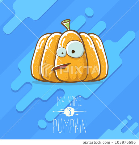 vector funny cartoon cute orange smiling pumkin isolated on blue background. My name is pumkin vector concept illustration. vegetable funky halloween or thanksgiving day character vector funny cartoon cute orange smiling pumkin isolated on blue background. My name is pumkin vector concept illustration. vegetable funky halloween or thanksgiving day character 105976696