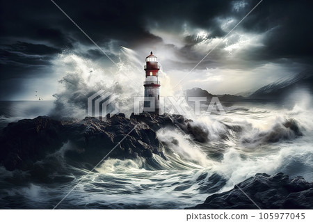 Lighthouse on a rocky peak is surrounded by high waves and foaming spray during a storm, made with generative ai Lighthouse on a rocky peak is surrounded by high waves and foaming spray during a storm, made with generative ai 105977045