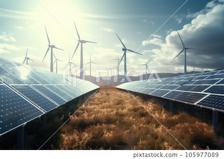 Solar panels and windmill generating electricity in power station. Green energy in nature 105977089