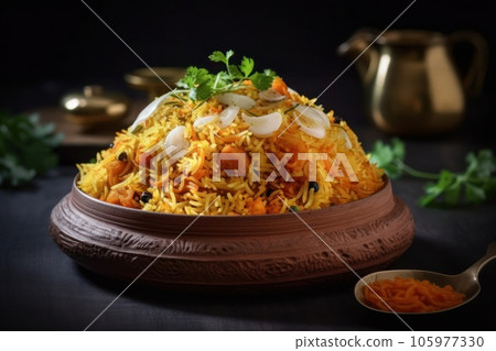 Biryani food photography on black table background. Indian food concept. Text copy space. Biryani food photography on black table background. Indian food concept. Text copy space. 105977330
