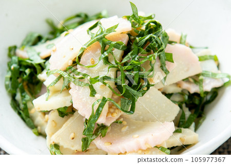 Close-up of kamaboko and perilla with mayonnaise and sesame ponzu sauce. Close-up of kamaboko and perilla with mayonnaise and sesame ponzu sauce. 105977367