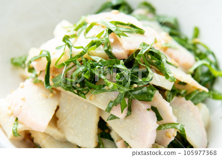 Close-up of kamaboko and perilla with mayonnaise and sesame ponzu sauce. Close-up of kamaboko and perilla with mayonnaise and sesame ponzu sauce. 105977368