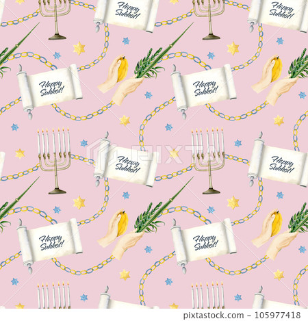 Pastel pink Sukkot seamless pattern with watercolor Torah scroll and greetings, waving the Lulav, Etrog, four species, stars of David and menorah for traditional Jewish holiday Pastel pink Sukkot seamless pattern with watercolor Torah scroll and greetings, waving the Lulav, Etrog, four species, stars of David and menorah for traditional Jewish holiday 105977418