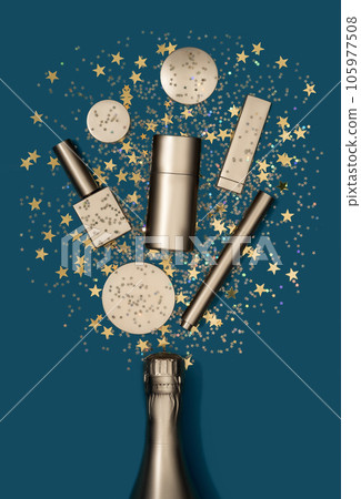 Luxury composition of golden champagne bottle, cosmetics products and star confetti on blue background in flat lay style. Christmas or New Year Eve celebration concept. 105977508