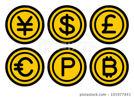 錢幣圖標(日元、美元、歐元、英鎊、比特幣、點) 錢幣圖標(日元、美元、歐元、英鎊、比特幣、點) 105977841