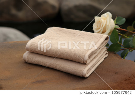 A set of beige bath terry towels on a wooden table A set of beige bath terry towels on a wooden table 105977942