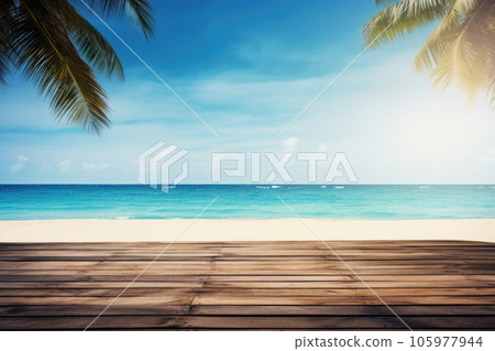 An empty wooden table on a beautiful blue background of a tropical beach. An empty wooden table on a beautiful blue background of a tropical beach. 105977944