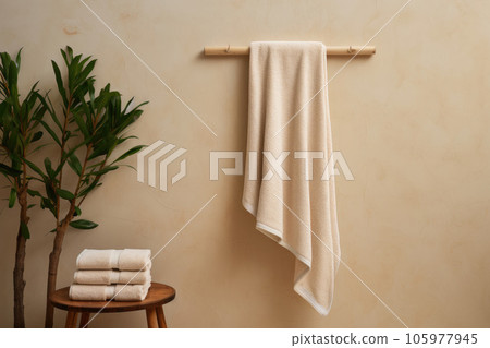 A set of beige terry towels. The towel is hanging on the crossbar A set of beige terry towels. The towel is hanging on the crossbar 105977945