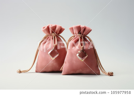 Pink suede fabric bags with laces for jewelry are on the table 105977958