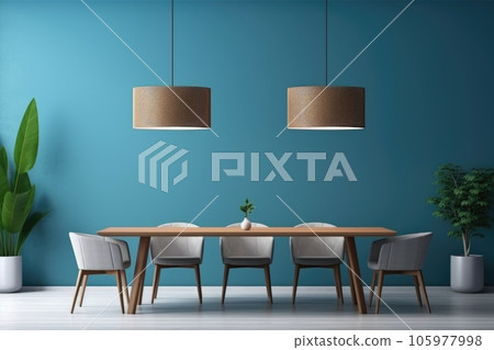 Modern dining room interior with blue walls on the background 105977998