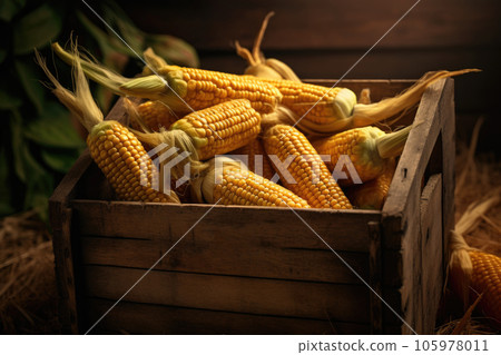 Photos of harvested corn on the cob are in a wooden box 105978011