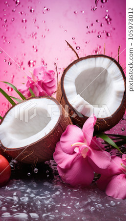Fresh juicy coconut halves, palm leaves and flowers painted in metallic pink with water droplets 105978012