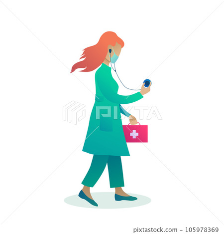 Female doctor with stethoscope and medical case. Coronavirus diagnosis and treatment in hospital. Young therapist in green uniform and medical mask isolated vector illustration in cartoon style. Female doctor with stethoscope and medical case. Coronavirus diagnosis and treatment in hospital. Young therapist in green uniform and medical mask isolated vector illustration in cartoon style. 105978369