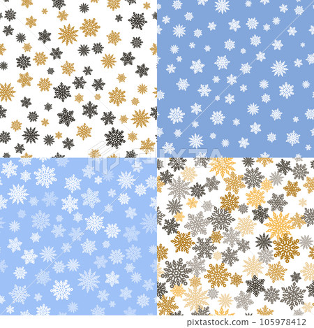 Christmas seamless patterns set with snowflakes. Outline snowflakes falling on white and dark background. Templates for scrapbooking paper printing. Winter season wallpaper vector illustration. 105978412
