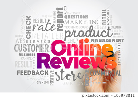 Online Reviews - reflects the opinions and experiences of a customer purchasing a product or service, word cloud concept background 105978811