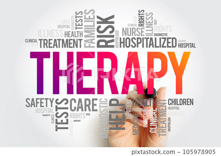 Therapy - process of meeting with a therapist to resolve problematic behaviors, beliefs, feelings, relationship issues or somatic responses, word cloud concept background 105978905