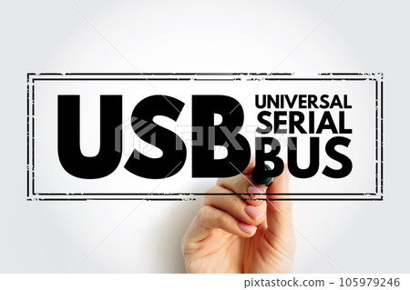 USB Universal Serial Bus - common interface that enables communication between devices and a host controller, acronym text stamp 105979246