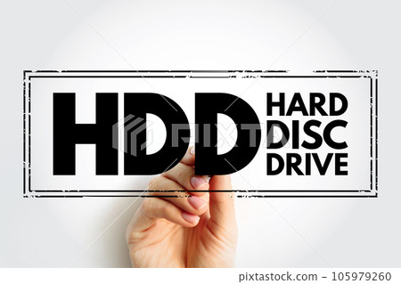 HDD Hard Disc Drive - electro-mechanical data storage device that stores and retrieves digital data, acronym text concept stamp 105979260