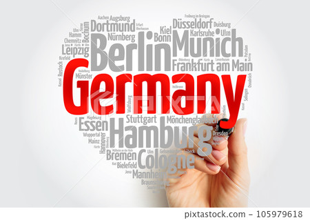 List of cities and towns in Germany composed in love sign heart shape, word cloud collage, business and travel concept background 105979618