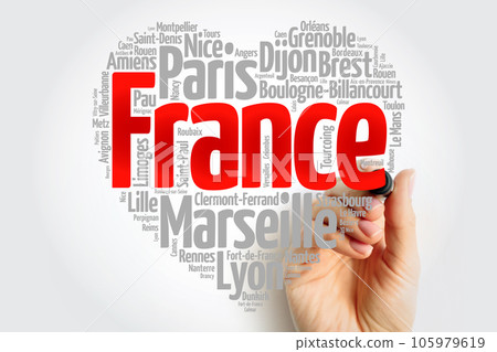 List of cities and towns in France composed in love sign heart shape, word cloud collage, business and travel concept background 105979619