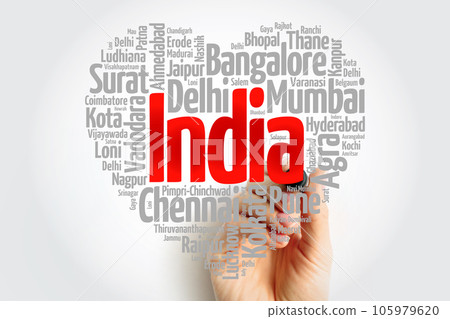 List of cities and towns in India composed in love sign heart shape, word cloud collage, business and travel concept background 105979620