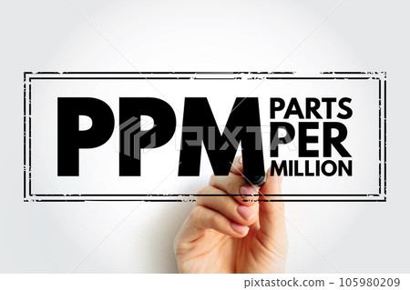 PPM Parts Per Million - number of units of mass of a contaminant per million units of total mass, acronym text stamp concept background 105980209